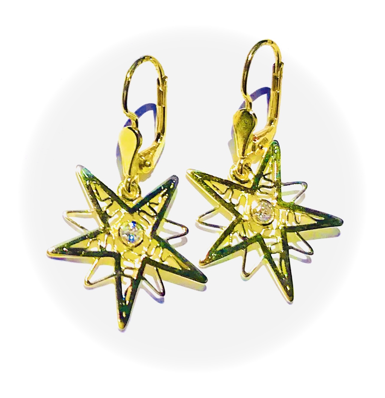 Náušnice s diamantom,14  k.,,Hviezda,,.Visacie zlaté náušnice.